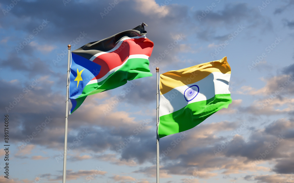 Beautiful national state flags of South Sudan and India. Beautiful national state flags of South Sudan and India.