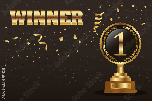 winner trophy number one golden with word and confetti