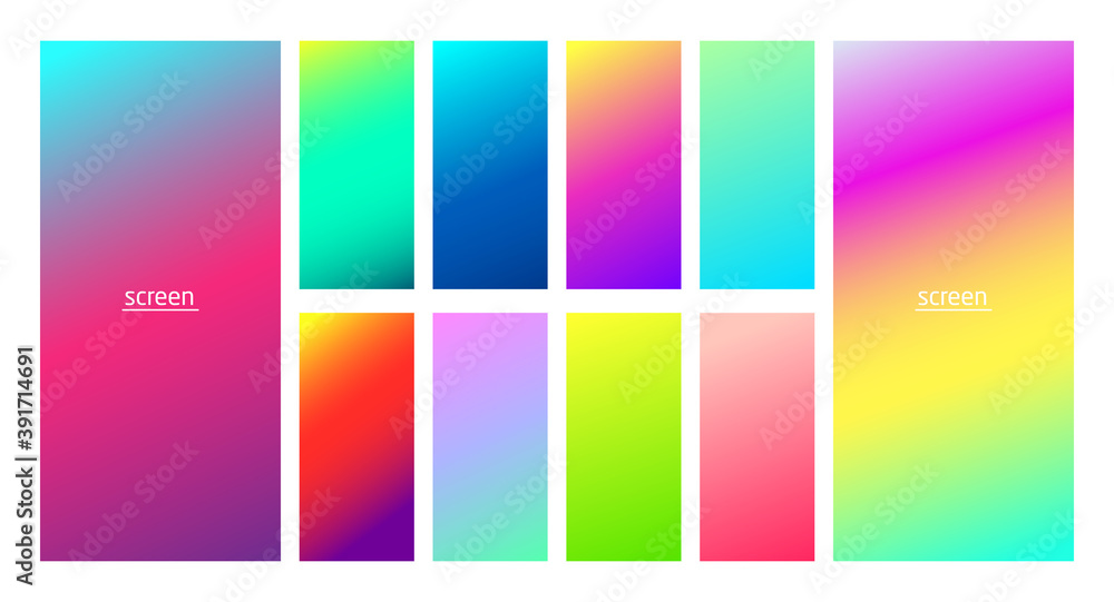 Vibrant and neon soft gradient smooth color background set for devices, pc and modern smartphone screen neon colors backgrounds vector ux and ui design illustration.
