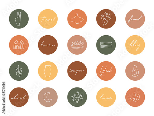 Big set of highlight covers, abstract shapes and lines, modern  social media icons template for business. Hand drawn trendy elements for blogger and influencer in bright colors, boho style isolated.