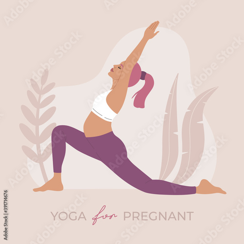 Yoga for pregnant woman, young girl performing physical exercises and asana positions, healthy pregnancy zen meditation, hand drawn illustration in modern flat cartoon style in pink colors, isolated