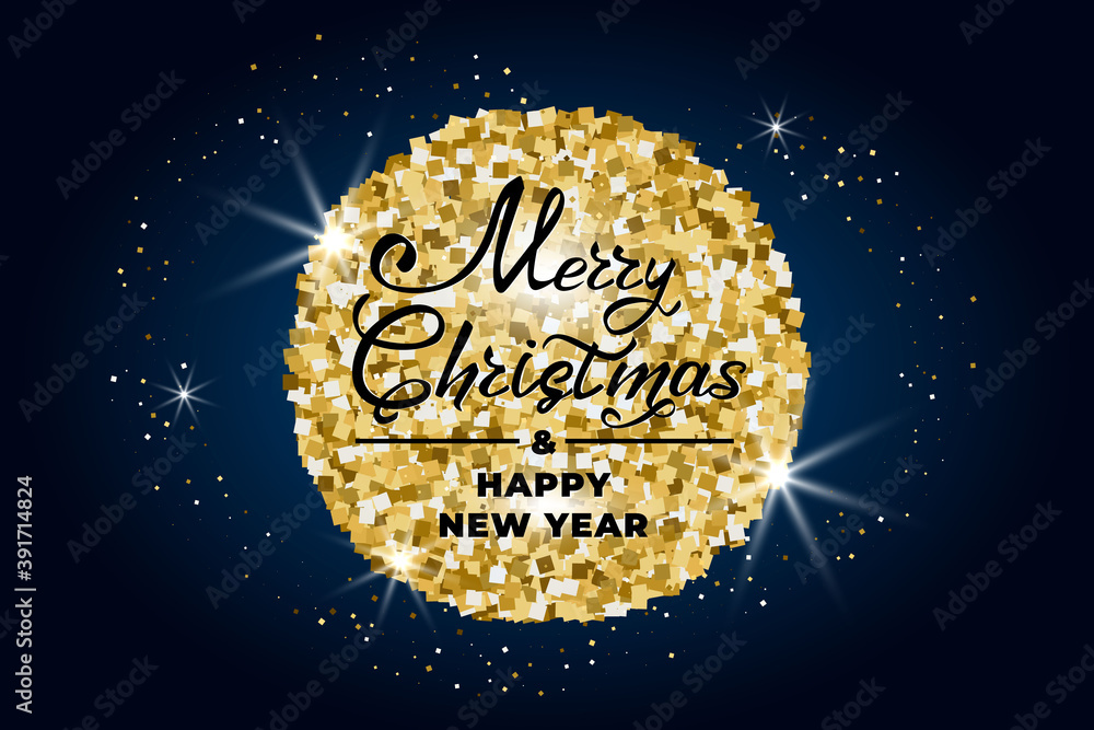 Merry Christmas and Happy New Year 2021. Greeting card with hand drawn lettering gold glittering round on blue background. For holiday invitations, banner, poster. Vector illustration. Merry Christmas and Happy New Year 2021. Greeting card with hand drawn lettering gold glittering round on blue background. For holiday invitations, banner, poster. Vector illustration.
