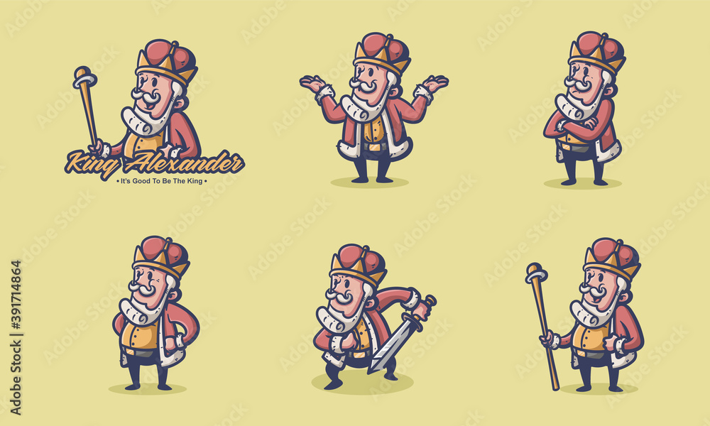 King character with sword vintage cartoon badges