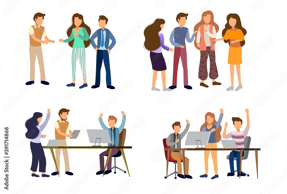 Sets of scenes at office. teamwork in process of creating something, discussing idea with team, celebration of success work, working with laptop in business meeting. illustration in flat cartoon style Sets of scenes at office. teamwork in process of creating something, discussing idea with team, celebration of success work, working with laptop in business meeting. illustration in flat cartoon style