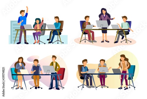 Sets of scenes at office. teamwork in process of creating something  discussing idea with team  celebration of success work  working with laptop in business meeting. illustration in flat cartoon style