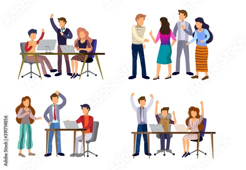 Sets of scenes at office. teamwork in process of creating something, discussing idea with team, celebration of success work, working with laptop in business meeting. illustration in flat cartoon style