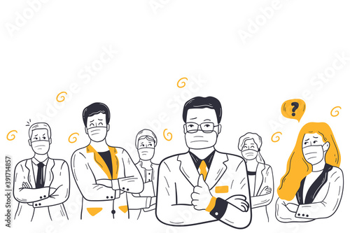 Business, coronavirus, team collaboration concept. Group of businessmen women managers employees with protective face mask stand in reopened office together. Corporate cooperation on covid19 outbreak.