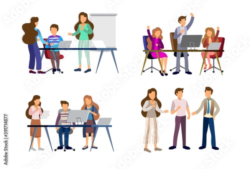 Sets of scenes at office. teamwork in process of creating something, discussing idea with team, celebration of success work, working with laptop in business meeting. illustration in flat cartoon style