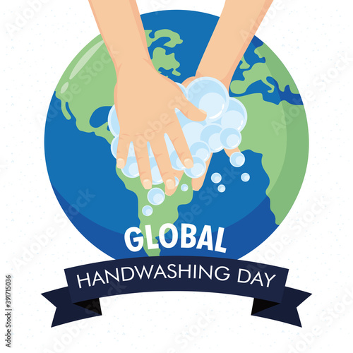 global handwashing day campaign with hands and earth planet in ribbon frame