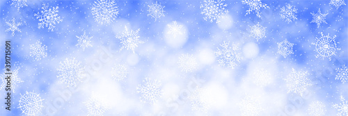 Winter vector background, light banner. Falling snow, snowflakes, bokeh effect. 