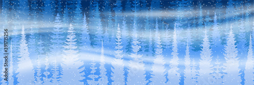 Fantasy on the theme of the winter landscape. Falling snow, forest and blizzard. Vector illustration, banner.	