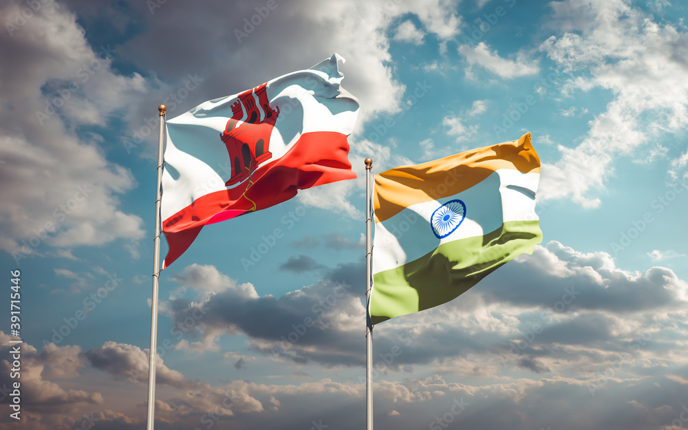 Beautiful national state flags of Gibraltar and India. Beautiful national state flags of Gibraltar and India.