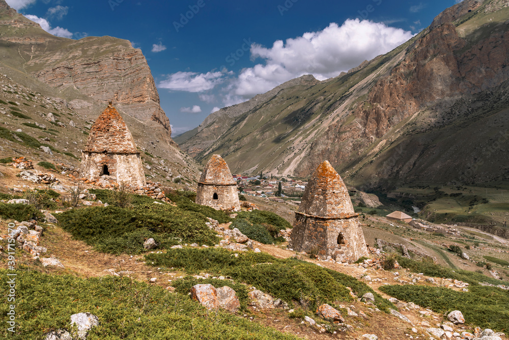 An ancient settlement located in the Caucasus mountains in a very picturesque place