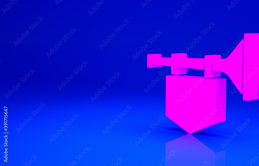 Pink Trumpet with flag icon isolated on blue background. Musical instrument trumpet. Minimalism concept. 3d illustration 3D render. Pink Trumpet with flag icon isolated on blue background. Musical instrument trumpet. Minimalism concept. 3d illustration 3D render.