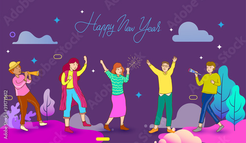 New Years Eve celebration. Happy New Years, illustration of Young People having fun and celebrating the new year. Colorful vector illustration in flat cartoon style.