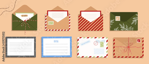 Envelope and letter set. Isolated open envelope with stamp in flat style. Multicolored post cards.