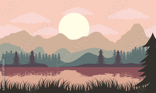 Картината върху платно beautiful landscape sunset scene with lake and pines trees