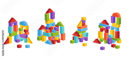 Set of castles and towers from cubes for children of different shapes. The concept of the appearance of the constructor for the development of the child