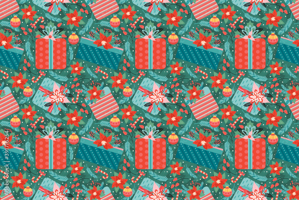 Merry Christmas and Happy New Year seamless pattern with Christmas toys, poinsettia, candy cane and gifts. Ornate holiday elements on the background of fir branches. Vector illustration in retro style Merry Christmas and Happy New Year seamless pattern with Christmas toys, poinsettia, candy cane and gifts. Ornate holiday elements on the background of fir branches. Vector illustration in retro style