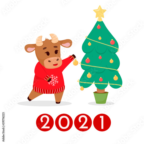 Wallpaper Mural Symbol of the year, bull, decorates the Christmas tree. postcard. Vector illustration Torontodigital.ca