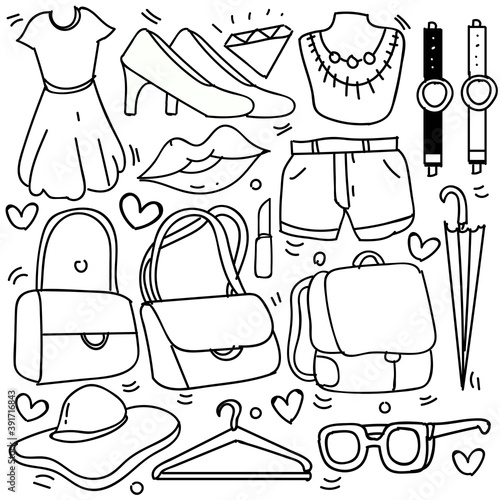Set of woman fashion accessories in doodle style isolated on white background, Vector hand drawn set clothing theme. Vector illustration