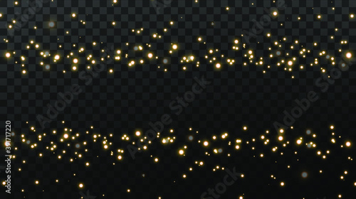 Christmas background. Powder dust light PNG. Magic shining gold dust. Fine  shiny dust bokeh particles fall off slightly. Fantastic shimmer effect. Vector illustrator.