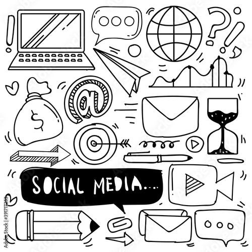 Set of Social media icon in doodle style isolated on white background, Vector hand drawn set Social media theme. Vector illustration