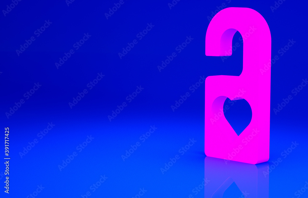 Pink Please do not disturb with heart icon isolated on blue background. Hotel Door Hanger Tags. Minimalism concept. 3d illustration 3D render. Pink Please do not disturb with heart icon isolated on blue background. Hotel Door Hanger Tags. Minimalism concept. 3d illustration 3D render.