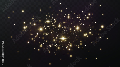 Christmas background. Powder dust light PNG. Magic shining gold dust. Fine, shiny dust bokeh particles fall off slightly. Fantastic shimmer effect. Vector illustrator. © Sergey