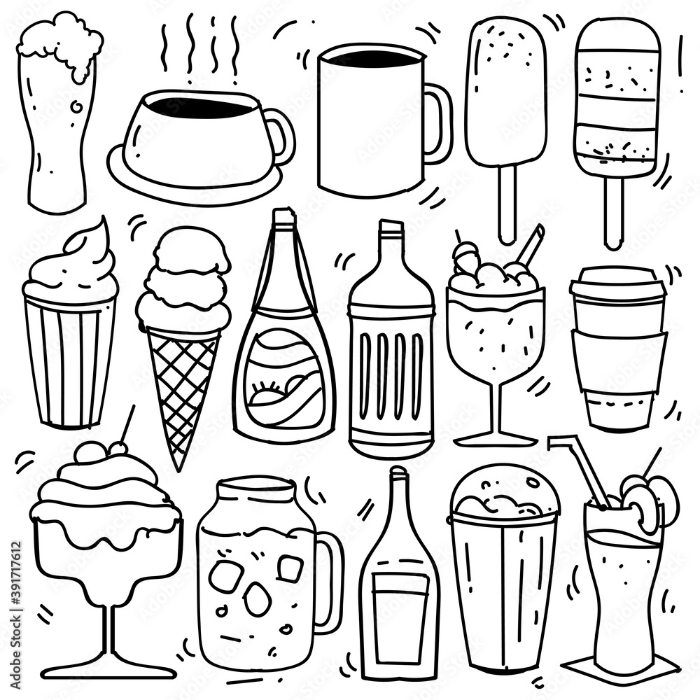 Obraz premium Hand drawn of beverages in doodle style isolated on white background, Vector hand drawn set beverages theme. Vector illustration