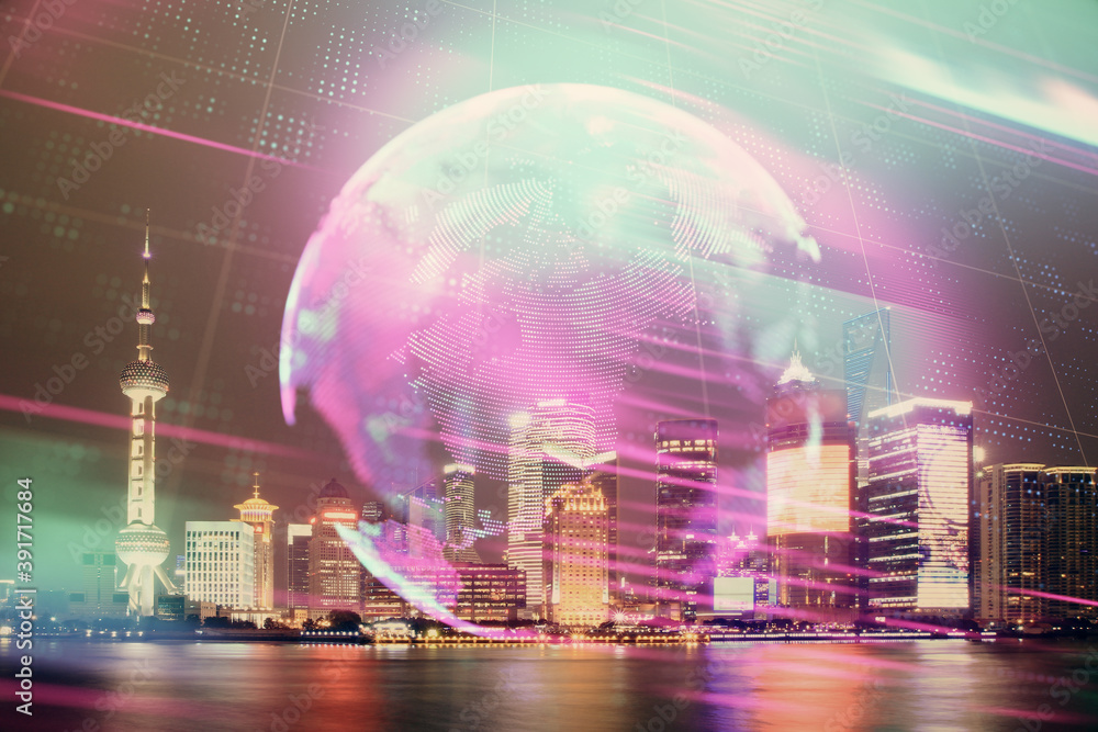 Double exposure of technology theme hologram and cityscape background. Concept of Hightech. Double exposure of technology theme hologram and cityscape background. Concept of Hightech.