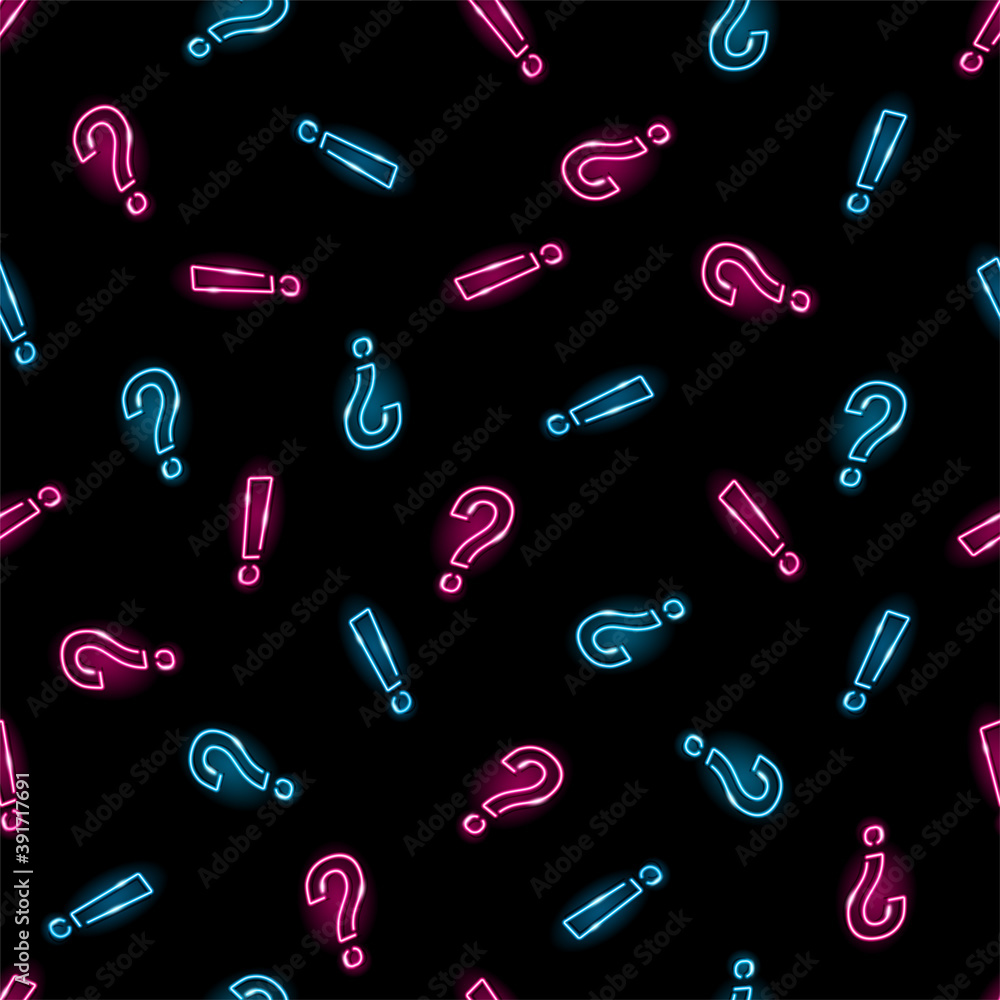 Seamless pattern with neon question mark and exclamation mark icons on black background. Conversation, dialogue, quiz, problem concept. Night signboard style. Vector 10 EPS illustration. Seamless pattern with neon question mark and exclamation mark icons on black background. Conversation, dialogue, quiz, problem concept. Night signboard style. Vector 10 EPS illustration.