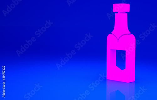Pink Champagne bottle icon isolated on blue background. Minimalism concept. 3d illustration 3D render.