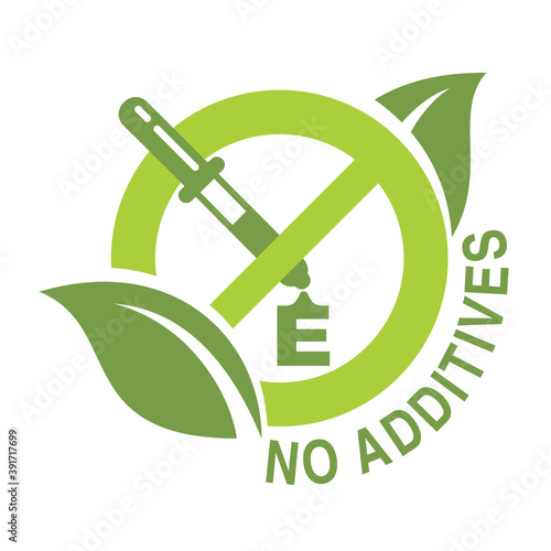 No additives sign - crossed out eyedropper with harmful E letter preservatives liquid inside and leaves around - isolated vector icon for healthy food