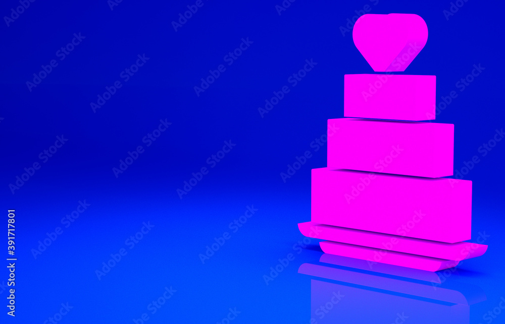 Pink Wedding cake with heart icon isolated on blue background. Minimalism concept. 3d illustration 3D render. Pink Wedding cake with heart icon isolated on blue background. Minimalism concept. 3d illustration 3D render.
