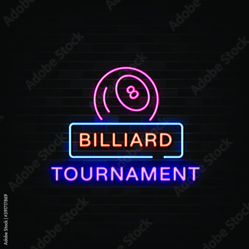 Billiard tournament neon signs vector. Design template neon sign
