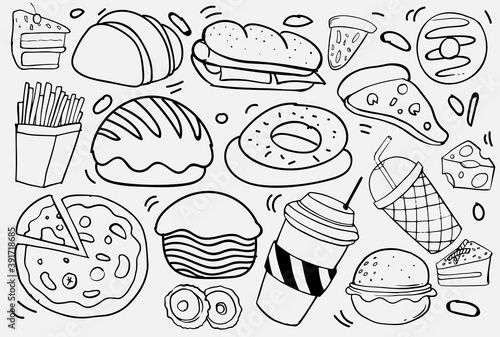 Set of hand drawn food isolated on white background, doodle set of fast food. Vector illustration