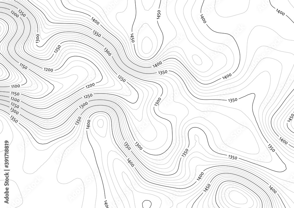 Fototapeta premium Artificial contour topo map in black/white with labels