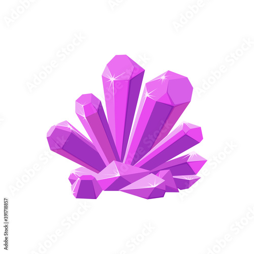 Pink crystals or gemstones. Shining amethyst crystal isolated in white background. Vector illustration in cartoon style