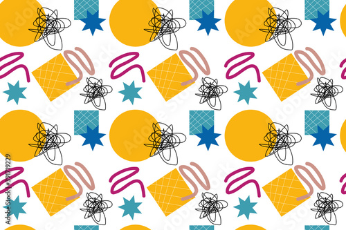 Abstract geometric elements and squiggles seamless vector pattern.