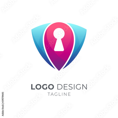 Safety place logo, shield, pin and key hole logo concept, modern emblem/badge logo style