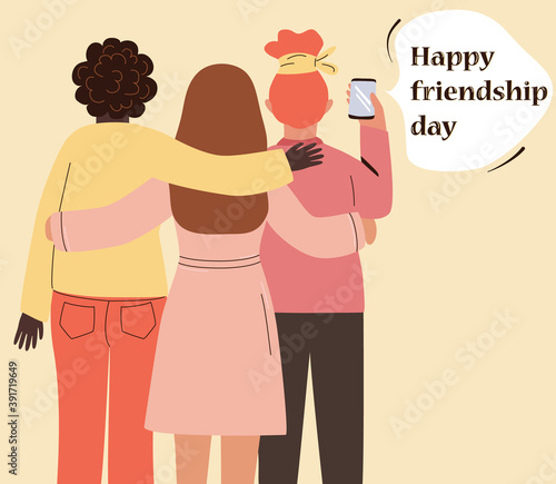 Three best friends take a selfie on the phone, hug. Happy girlfriends celebrate friendship day. Cartoon women flat characters, viewed from the back. Vector illustration. Women's love, relationships