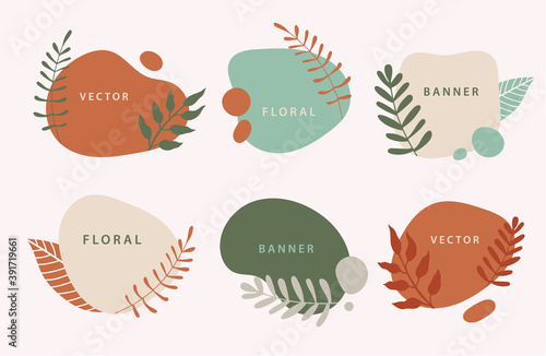 Vector set of liquid organic forms and badges set with plants, leaves. Flowing shapes banners. Template for logo, branding, web design, social media post, business card, invitation, print