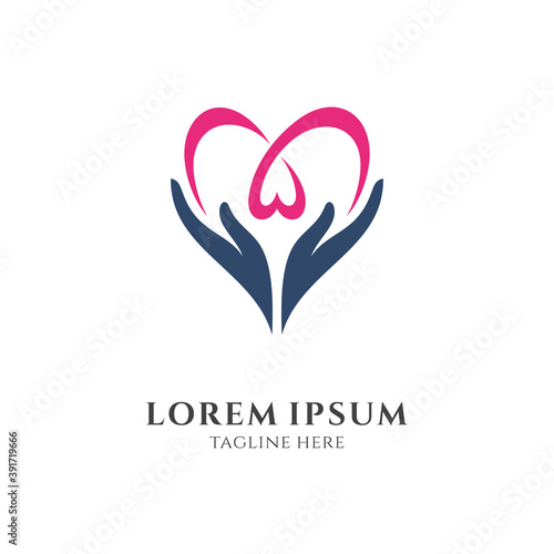 Love and care logo, hand with heart shape, simple minimalist logo style