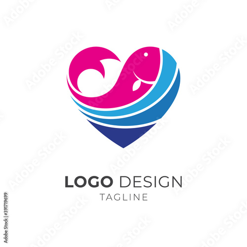 Love fish logo, fish and waves in the shape of a heart, simple flat logo style