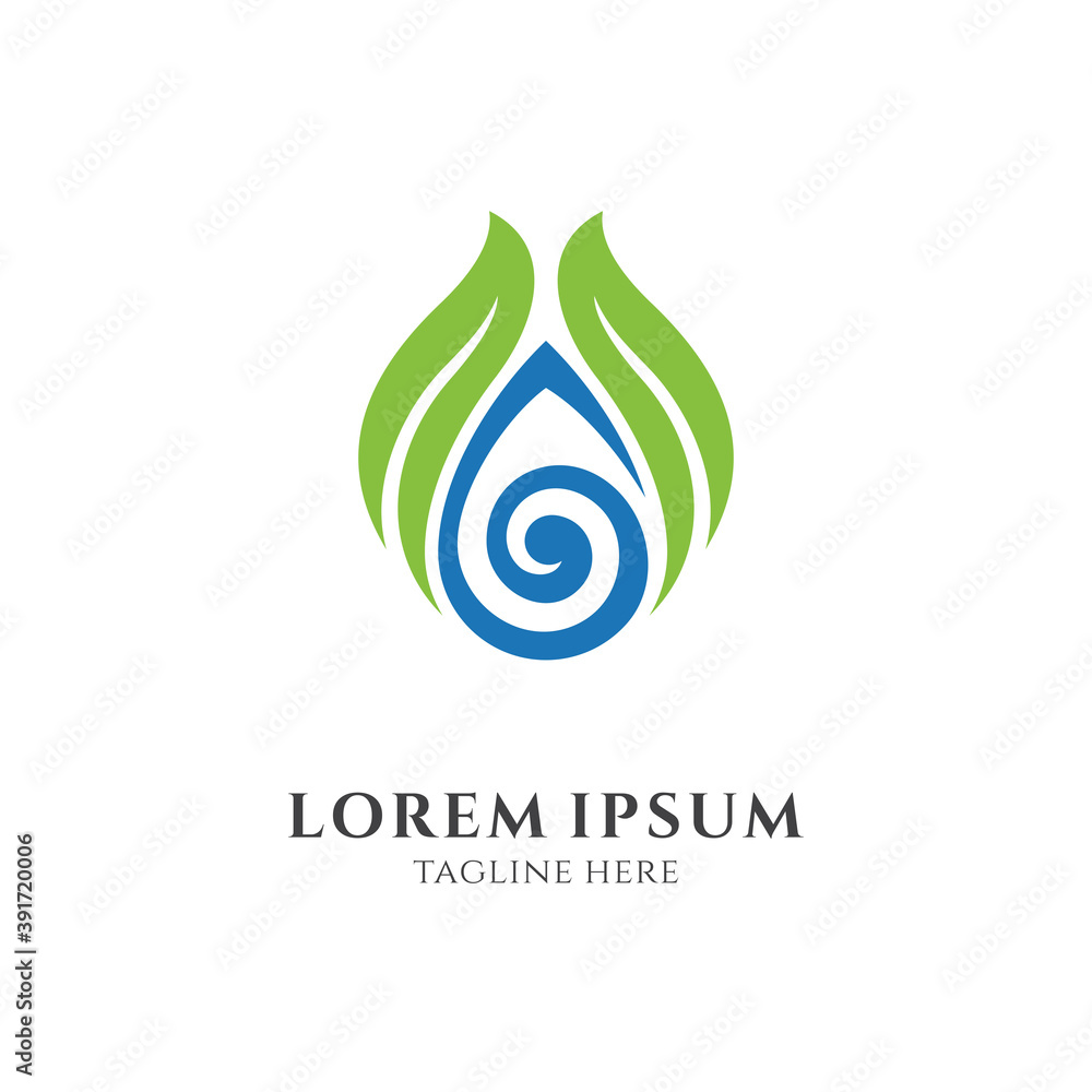 Leaf and water drop logo, simple luxury organic logo style, green and blue color on white background Leaf and water drop logo, simple luxury organic logo style, green and blue color on white background