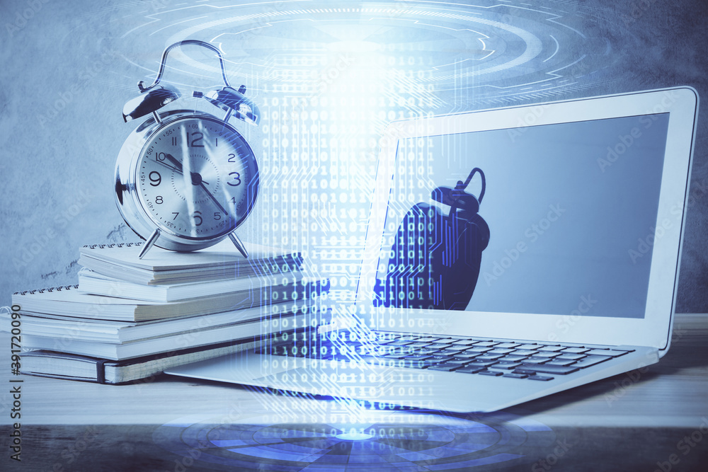 Double exposure of desktop with computer on background and tech theme drawing. Concept of big data. Double exposure of desktop with computer on background and tech theme drawing. Concept of big data.