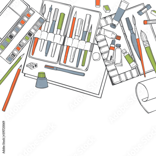 Artistic paintbrushes and watercolor  paints. Vector illustration.