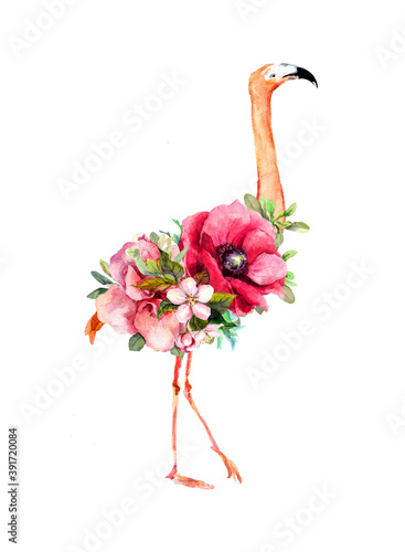 Pink flamingo bird with flowers. Water color © zzorik