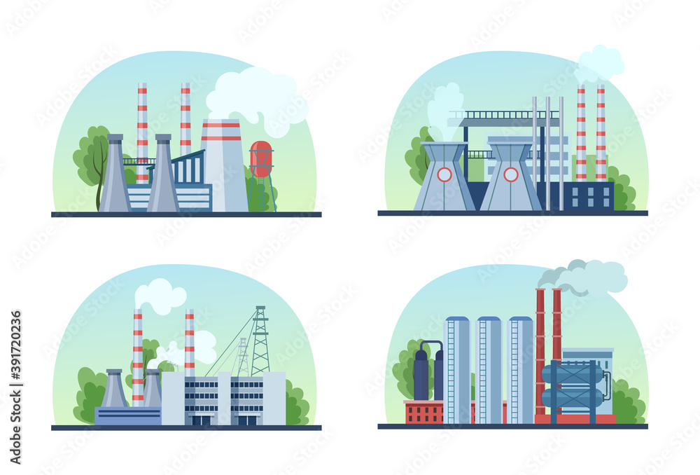 Industrial factory set. Industrial buildings with pipes, power station, manufacturing, thermal nuclear power plants. Industrial building plants with pipe smoke pollution the environment